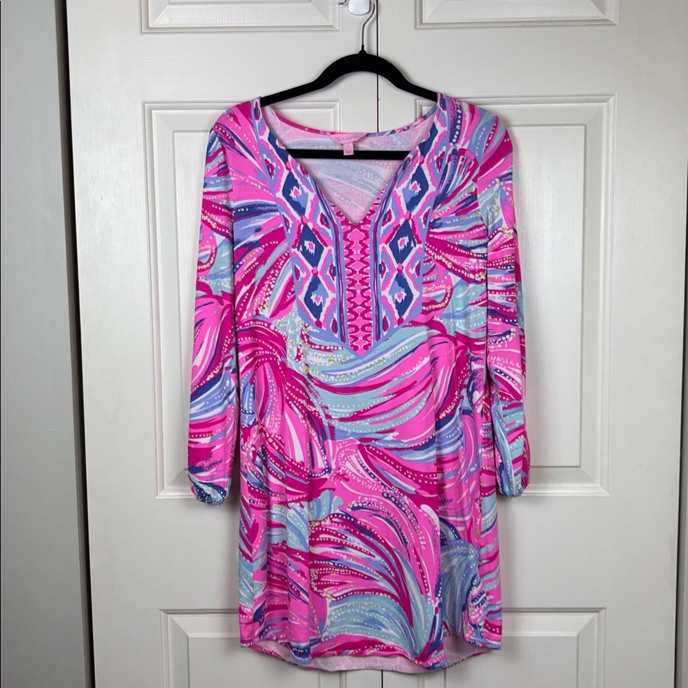 Lilly Pulitzer Pink and Blue Patterned Tunic Dress - S